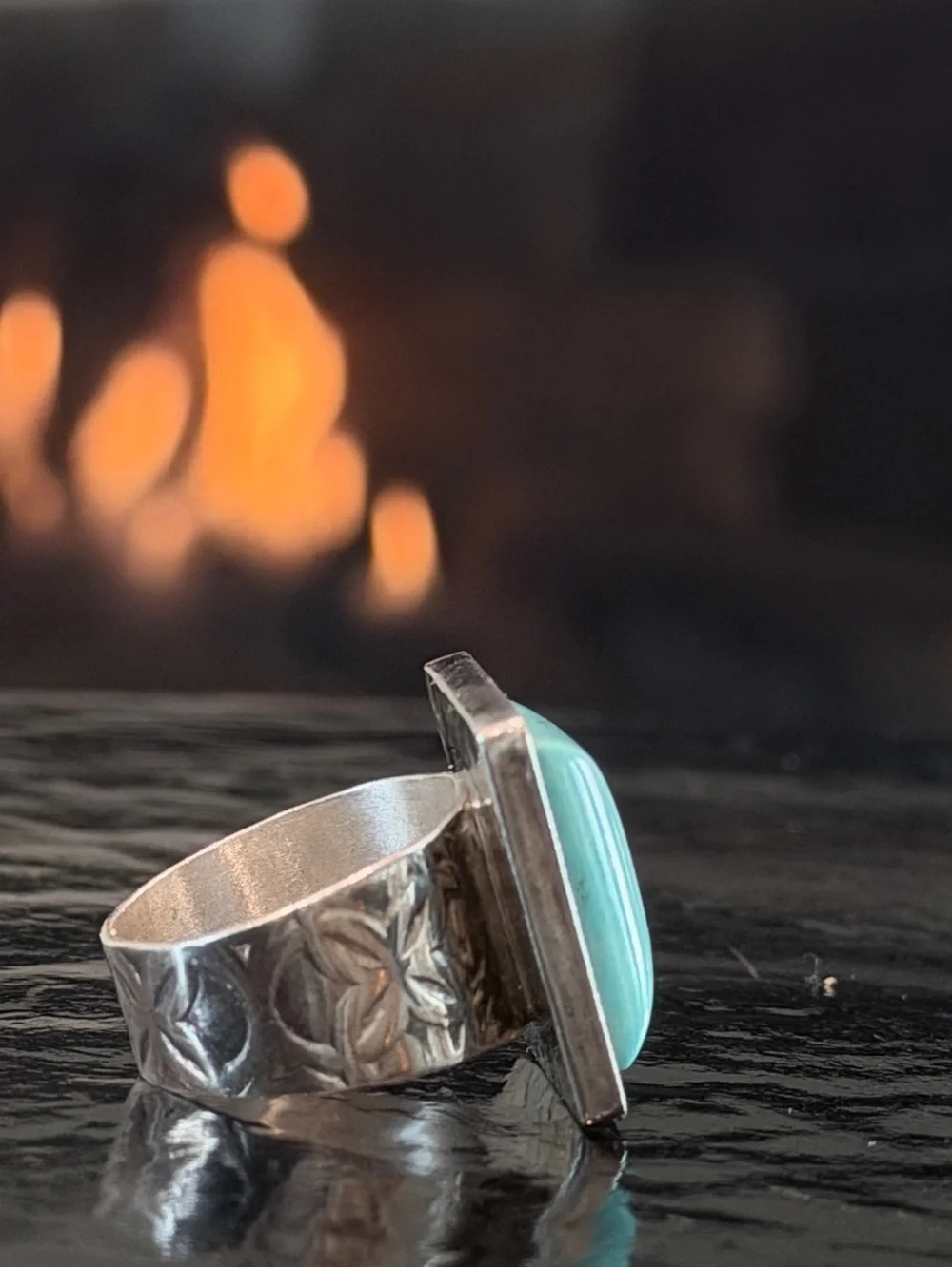 Sterling Silver Square Turquoise Statement Ring with Embossed Band